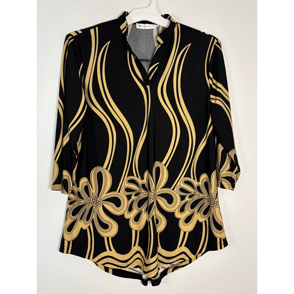 Baishenggt Womens Black Gold Floral Swirl Tunic Blouse 3/4 Sleeve Size M